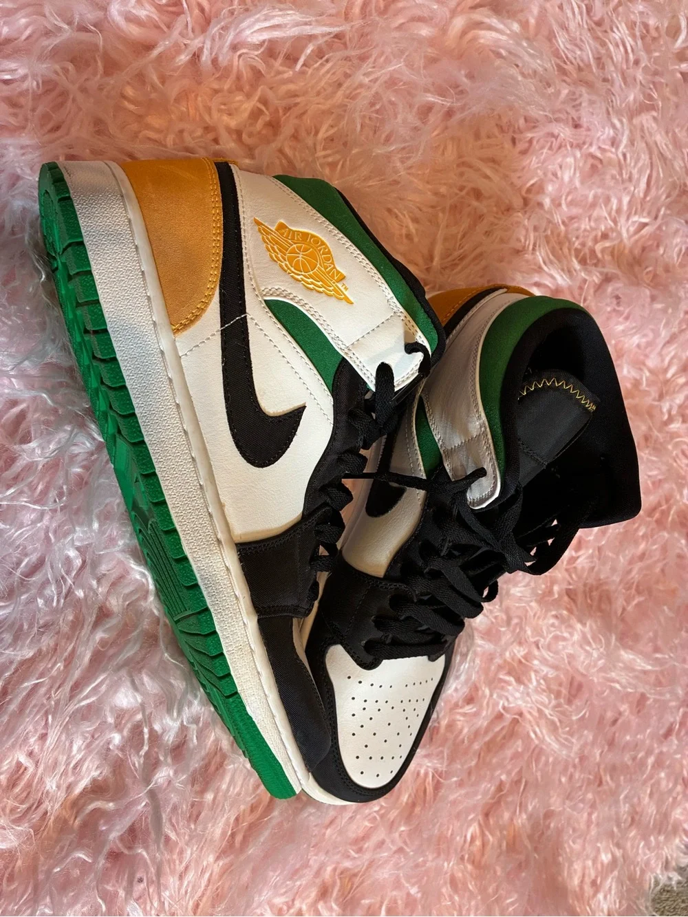 Jordan Mids Sneakers in White, Black, Green & Gold